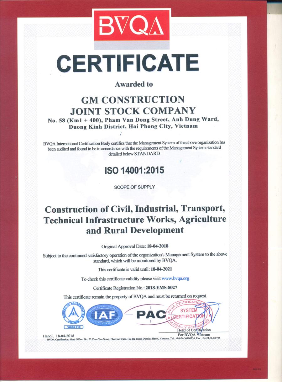CÔNG TY CP XÂY DỰNG GM – NHẬN GIẤY CHỨNG NHẬN HỆ THỐNG QUẢN LÝ THEO TIÊU CHUẨN ISO