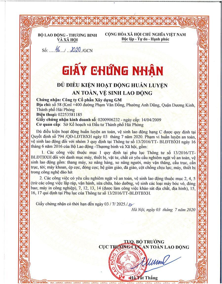 Giấy chứng nhận đủ điều kiện hoạt động huấn luyện an toàn, vệ sinh lao động